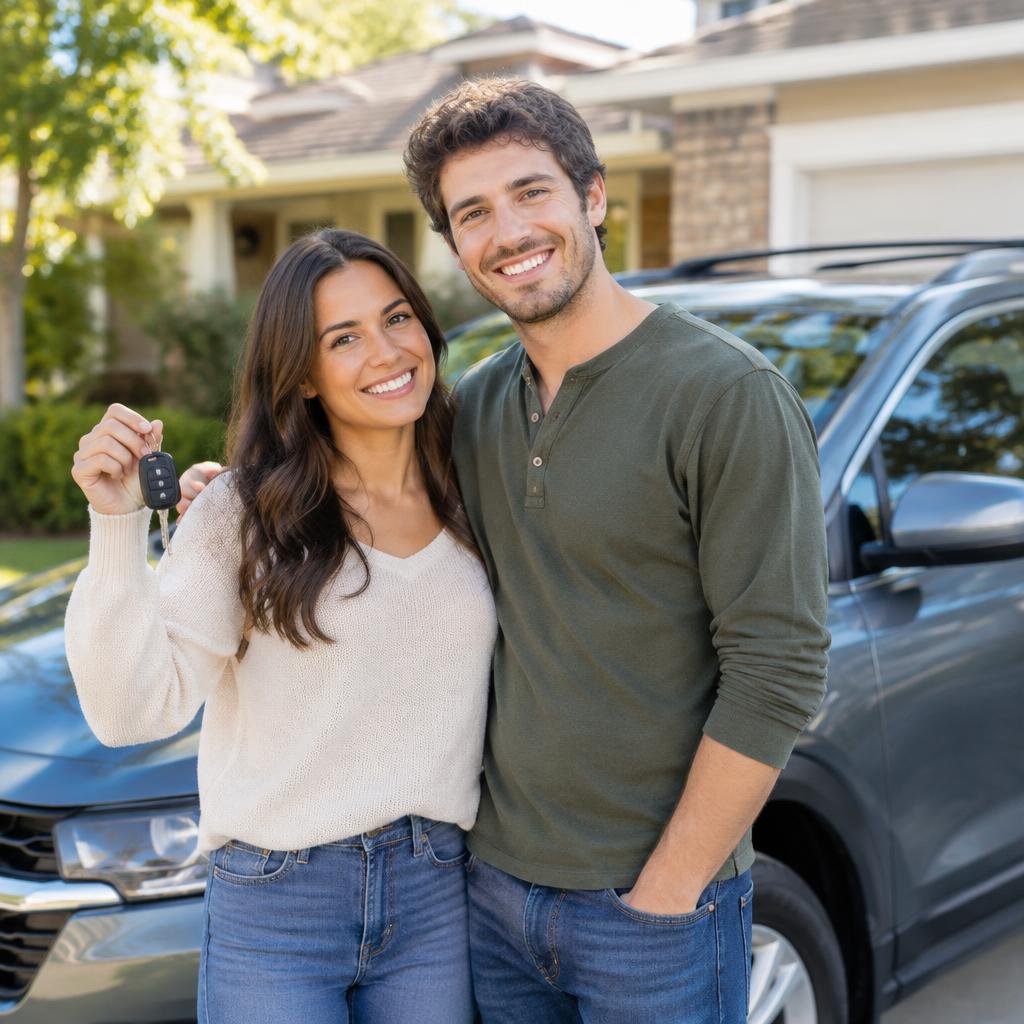 A happy couple holding their new car keys in front of their car